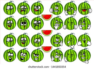 emoticon. set of funny watermelon cartoon character Mascot with various face expression. Vector Illustration Isolated On White Background