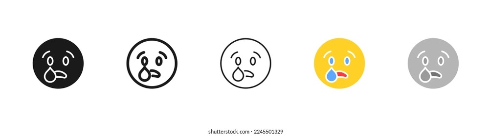 Emoticon set icon. Crying, weeping, grief, frustration, sadness, tears, quarrel, mourning, emotion, feeling, emoji. Mood concept. Vector five icon in different style on white background