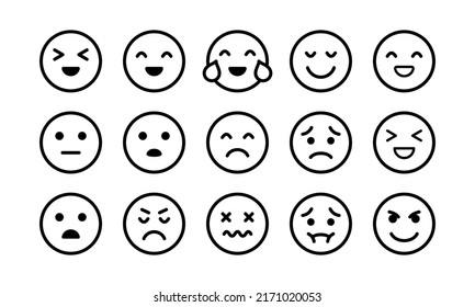 Emoticon set icon. Laugh, crying, love, laughter, surprise, tongue, anger, consternation, startle, distempered emotion, feeling, emoji. Mood concept. Vector line icon for Business and Advertising