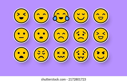 Emoticon set icon. Laugh, crying, love, laughter, surprise, tongue, anger, consternation, startle, distempered emotion, feeling, emoji, violet background. Mood concept. Vector line icon for Business