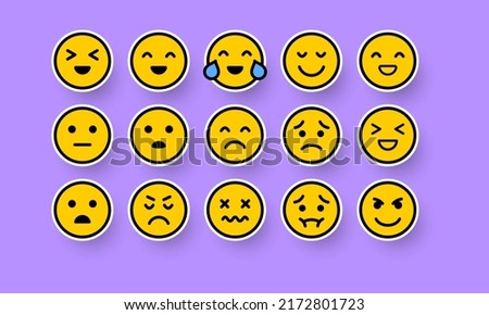 Emoticon set icon. Laugh, crying, love, laughter, surprise, tongue, anger, consternation, startle, distempered emotion, feeling, emoji, violet background. Mood concept. Vector line icon for Business