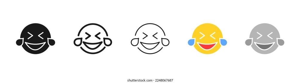 Emoticon set icon. Laughter with tears, joy, fun, pleasantry, happiness, humor, joke, emotion, feeling, emoji. Mood concept. Vector five icon in different style on white background