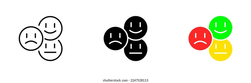 Emoticon set icon. Review, rating, emoticon, five stars, good mood, comment, click, rate the level of service. Feedback concept. Vector icon in line, black and colorful style on white background