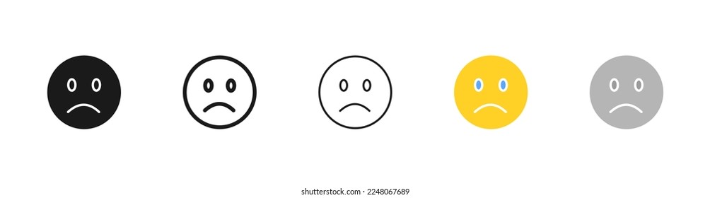 Emoticon set icon. Sad, melancholy, crying, tears, round face, distempered emoticon, feeling, emoji. Bad mood concept. Vector five icon in different style on white background