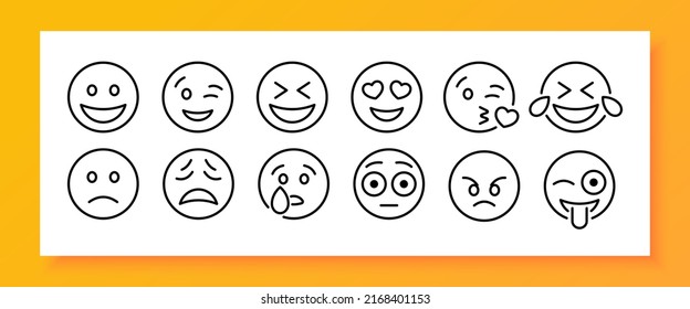 Emoticon set icon. Sadness, crying, love, laughter, surprise, tongue, anger, consternation, startle, distempered emotion, feeling, emoji. Mood concept. Vector line icon for Business and Advertising