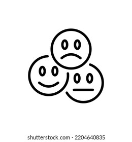 Emoticon set icon. Sadness, crying, love, laughter, surprise, tongue, anger, consternation, startle, distempered emotion, feeling, emoji. Mood concept. Vector black line icon on a white background