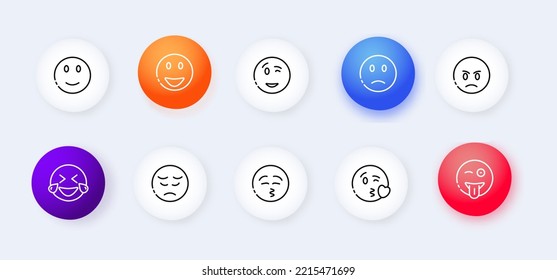 Emoticon set icon. Sadness, crying, love, laughter, surprise, tongue, anger, consternation, startle, distempered emotion, feeling, emoji. Mood concept. Neomorphism style. Vector line icon