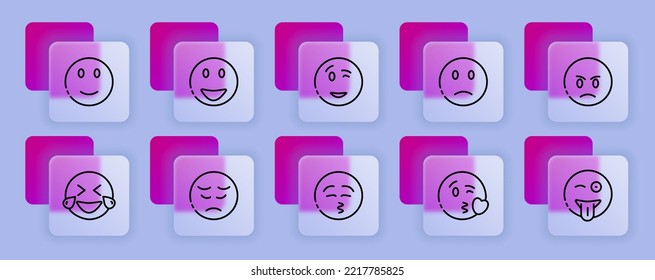 Emoticon set icon. Sadness, crying, love, laughter, surprise, tongue, anger, consternation, startle, distempered emotion, feeling, emoji. Mood concept. Glassmorphism style. Vector line icon