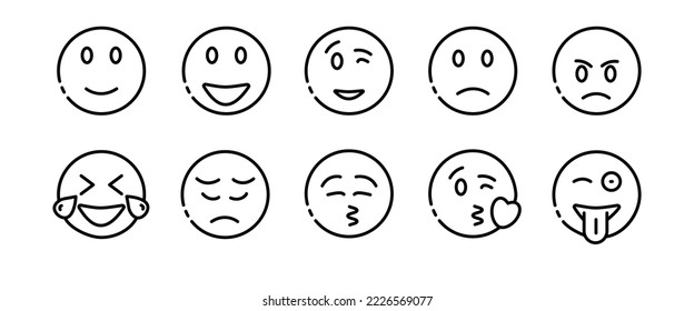 Emoticon set icon. Sadness, crying, love, laughter, surprise, tongue, anger, consternation, startle, distempered emotion, feeling, emoji. Mood concept. Vector black set icon on a white background