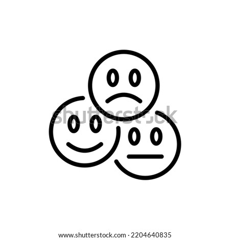 Emoticon set icon. Sadness, crying, love, laughter, surprise, tongue, anger, consternation, startle, distempered emotion, feeling, emoji. Mood concept. Vector black line icon on a white background