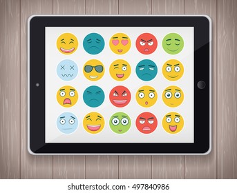 Emoticon set with realistic Tablet PC. Emoticon for web site, chat, sms. Modern flat design. Vector illustration