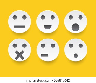 Emoticon set, white circle paper cut style with drop shadow