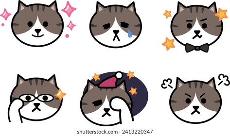 Emoticon sets of cartoon gray and white cats. Vector illustration isolated on a transparent background. Includes six patterns.