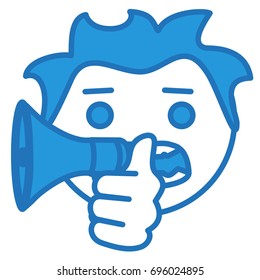 emoticon shouting with megaphone, emoji speaking with trumpet or bullhorn, guy using a loud-hailer to shout out loud, funny cartoon character with simplistic facial expression, eps 10