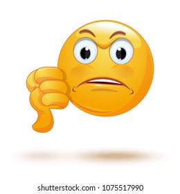 Emoticon showing thumbs down. Dislike sign. Angry smiley. Sad emoji. Vector illustration