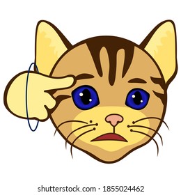 emoticon shows a screw loose or "you're nuts" gesture by twisting his finger around his temple, simplistic facial expression vector illustration, cat cartoon character