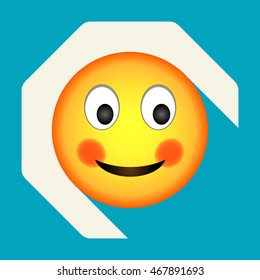 Emoticon shy face vector illustration on background. Emoji with red cheeks long shadow icon.