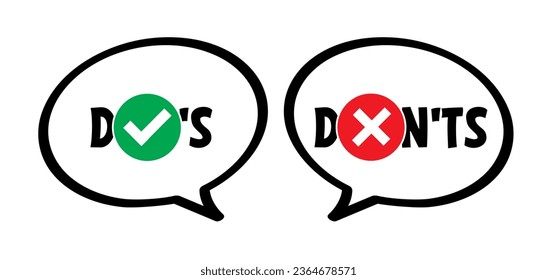 Emoticon sign. do's en don'ts or do and don't, check mark. Compliments, Vector do and dont checklist, okey, yes, like hand thumb up or thumbs down. Unlike or dislike compliment. Good finger.