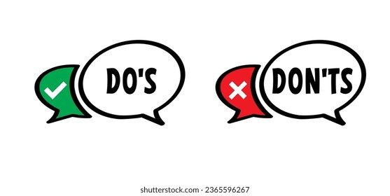 Emoticon sign. do's en don'ts or do and don't, check mark. Compliments, Vector do and dont checklist, okey, yes, like hand thumb up or thumbs down. Unlike or dislike compliment. Good finger.