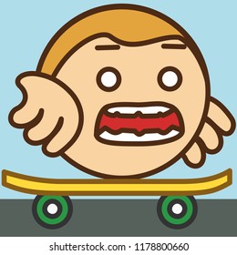 emoticon with skater newbie that is balancing on skateboard, practising novice skateboarder trying to stand on board for the first time, circle shaped vector emoji in color