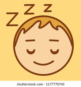 emoticon with sleeping man with Zzz sign above his head indicating that he is dreaming, circle shaped vector emoji in color, simplistic colorful pictogram, ball like personage with thick outlines