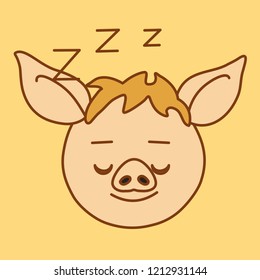 emoticon with sleeping pig man with Zzz sign above his head indicating that he is dreaming, vector emoji drawn by hand in color, simplistic colorful picture, simple hand drawn illustration