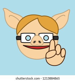 emoticon with smart pig guy with stereotypical nerd face in glasses that is pointing up while sharing some knowlege, geek with raised index finger expressing his point of view or giving an advice