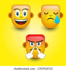 Emoticon. Smile face, Sad face, and Angry face. Cute emoticon isolated on yellow background. 3d illustration.