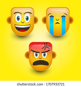 Emoticon. Smile face, Sad face, and Angry face. Cute emoticon isolated on yellow background. 3d illustration.