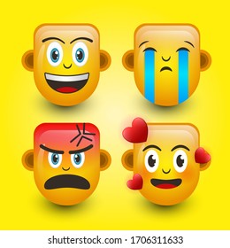 Emoticon. Smile face, Sad face,Angry face, and falling in love. Cute emoticon isolated on yellow background. 3d illustration.