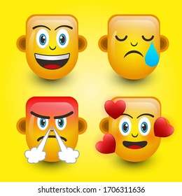 Emoticon. Smile face, Sad face,Angry face, and falling in love. Cute emoticon isolated on yellow background. 3d illustration.