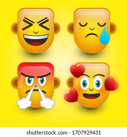 Emoticon. Smile face, Sad face,Angry face, and falling in love. Cute emoticon isolated on yellow background. 3d illustration.