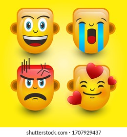 Emoticon. Smile face, Sad face,Angry face, and falling in love. Cute emoticon isolated on yellow background. 3d illustration.