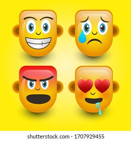 Emoticon. Smile face, Sad face,Angry face, and falling in love. Cute emoticon isolated on yellow background. 3d illustration.