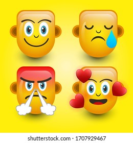 Emoticon. Smile face, Sad face,Angry face, and falling in love. Cute emoticon isolated on yellow background. 3d illustration.