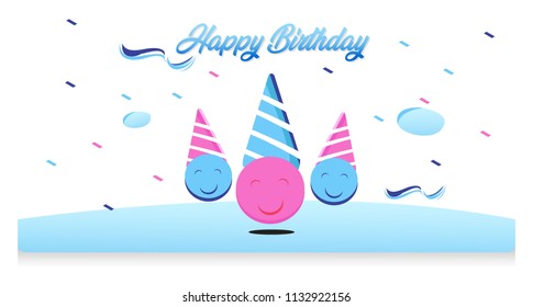 Emoticon Smile Happy Birthday lettering Party combination Creative Design,  with Blue, Pink color, White Background Vector Art Illustration.