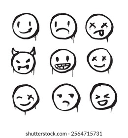 Emoticon smile sad angry set hand drawn spray painted illustration