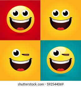 Emoticon or Smiley icon set for web. So happy face emoticon with a tongue. Smiley face simple set with facial expressions on color background. Vector illustration template.