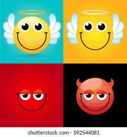 Emoticon or Smiley icon set for web. Happy, angry angel and devil face emoticon. Smiley face simple set with facial expressions on color background. Vector illustration template.