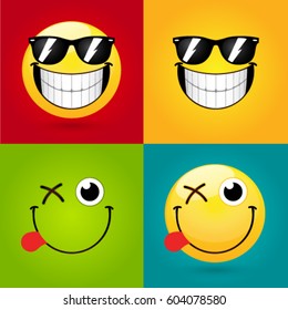 Emoticon or Smiley icon set for web. So happy face emoticon with a tongue and glasses. Smiley face simple set with facial expressions on color background. Vector illustration template.