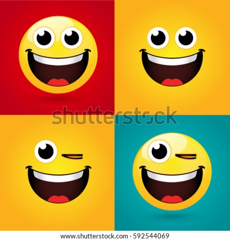 Emoticon or Smiley icon set for web. So happy face emoticon with a tongue. Smiley face simple set with facial expressions on color background. Vector illustration template.