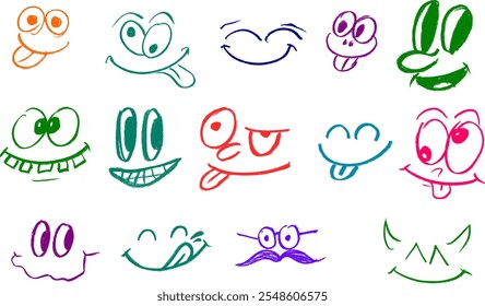 Emoticon Smiley Silly Faces Crayon Chalk Drawing Vector Set