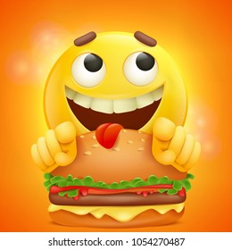 Emoticon smiley yellow cartoon emoji face with burger. Vector illustration