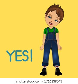 emoticon with smiling boy that is saying yes and nodding, simple colored emoji, vector in color, funny cartoon character from a set