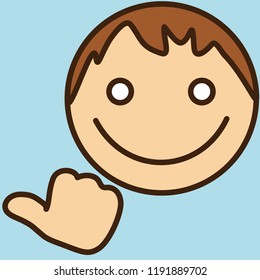 emoticon with smiling character that is pointing left with his right hand's thumb, circle shaped vector emoji in color, simplistic colorful pictogram, ball like personage with thick outlines