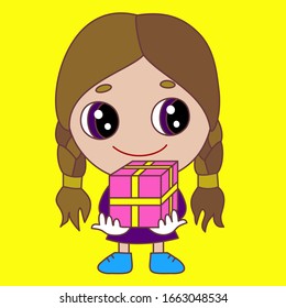 emoticon with smiling chibi girl handing you over a wrapped gift box, vector emoji in color, simplistic colorful clip art, personage with outlines