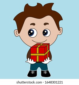 emoticon with smiling chibi man handing you over a wrapped gift box, vector emoji in color, simplistic colorful clip art, personage with outlines