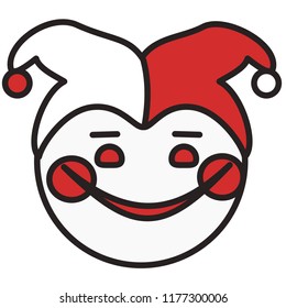 emoticon with smiling circus harlequin with two colored cape or hat with two tips & spherical bells that has rosy cheeks drawn with theatrical makeup, circle shaped vector emoji in color