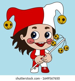 Emoticon with smiling circus harlequin with two colored cape or hat with two tips and spherical bells that has rosy cheeks drawn with theatrical makeup. vector emoji chibi in color.