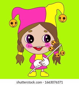 emoticon with smiling circus harlequin with two colored cape or hat with two tips and spherical bells that has rosy cheeks drawn with theatrical makeup, vector emoji chibi girl 